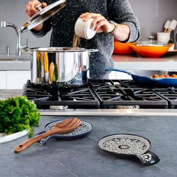 Ceramic Spoon Rest, Cooking Spoon Holder for Kitchen Counter/Stove Top/Dining Table Modern Farmhouse Decorative, Large (Black)