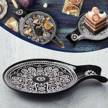 Ceramic Spoon Rest, Cooking Spoon Holder for Kitchen Counter/Stove Top/Dining Table Modern Farmhouse Decorative, Large (Black)