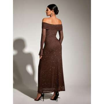 KUTUMAI Women Off Shoulder Bodycon Maxi Dress Long Sleeve Mesh Ruched Party Formal Wedding Guest Dresses Sequin Brown L