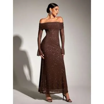 KUTUMAI Women Off Shoulder Bodycon Maxi Dress Long Sleeve Mesh Ruched Party Formal Wedding Guest Dresses Sequin Brown L