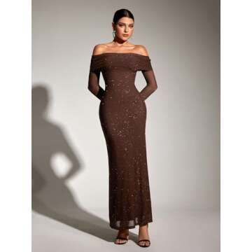 KUTUMAI Women Off Shoulder Bodycon Maxi Dress Long Sleeve Mesh Ruched Party Formal Wedding Guest Dresses Sequin Brown L