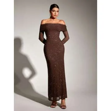 KUTUMAI Women Off Shoulder Bodycon Maxi Dress Long Sleeve Mesh Ruched Party Formal Wedding Guest Dresses Sequin Brown L