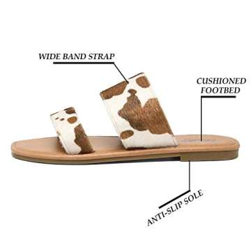 katliu Women's Flat Sandals Two Strap Slide Sandals Open Toe Cow Print Brown 9