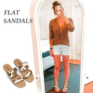katliu Women's Flat Sandals Two Strap Slide Sandals Open Toe Cow Print Brown 9