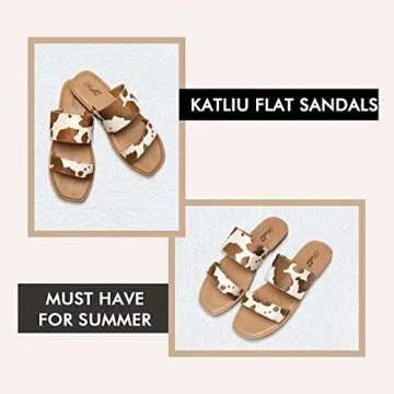 katliu Women's Flat Sandals Two Strap Slide Sandals Open Toe Cow Print Brown 9