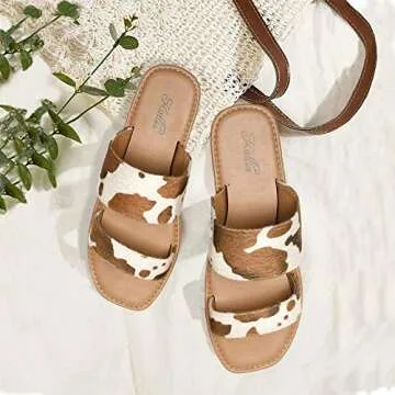 katliu Women's Flat Sandals Two Strap Slide Sandals Open Toe Cow Print Brown 9