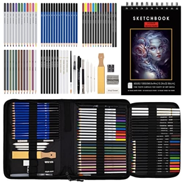 Nctoberows 76-Pack Drawing Set Sketching Kit, Pro Art Supplies Include 50 Pages 3-Color Sketchbook, ...