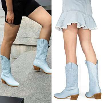 MUCCCUTE Blue Cowboy Boots for Women - Cowgirl Boots Mid Calf with Embroidery, Pointed Toe Chunky Heel Western Boots Pull On