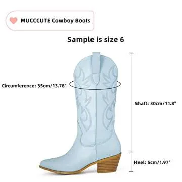 MUCCCUTE Blue Cowboy Boots for Women - Cowgirl Boots Mid Calf with Embroidery, Pointed Toe Chunky Heel Western Boots Pull On
