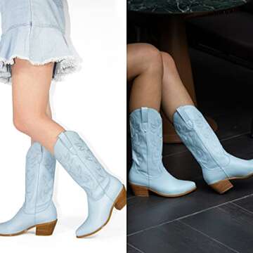MUCCCUTE Blue Cowboy Boots for Women - Cowgirl Boots Mid Calf with Embroidery, Pointed Toe Chunky Heel Western Boots Pull On