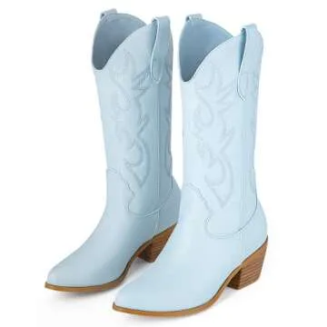 MUCCCUTE Blue Cowboy Boots for Women - Cowgirl Boots Mid Calf with Embroidery, Pointed Toe Chunky Heel Western Boots Pull On