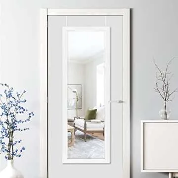 PexFix Door Mirror Full Length 51"x18" Over The Door Rectangle Sleek White Frame Space Saving Floor Mirror Dressing Hanging Wall Mounted Mirror (US-MHJ002-WH+USAM019)
