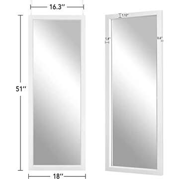 PexFix Door Mirror Full Length 51"x18" Over The Door Rectangle Sleek White Frame Space Saving Floor Mirror Dressing Hanging Wall Mounted Mirror (US-MHJ002-WH+USAM019)