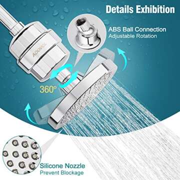 ADOVEL High Output Shower Head and Hard Water Filter, 15 Stage Shower Filter Removes Chlorine & Harmful Substances, Water Softener Showerhead for Bathroom, Rain Shower, 1 Replaceable Filter Cartridge