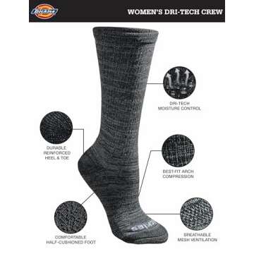 Dickies Women's Dri-tech Moisture Control Crew Socks Multipack, Black Stripe (6 Pairs), Shoe Size: 6-9