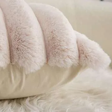 Neelvin Beige Faux Fur Cozy Soft Striped Decorative Throw Pillow Covers 20x20 inch Set of 2,Velvet Pillowcase Cushion Case for Sofa Couch