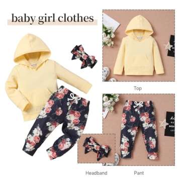Baby Girl Clothes Long Sleeve Hoodie Sweatshirt Floral Pants with Headband Outfit Sets (Yellow&Floral, 18-24 Months)