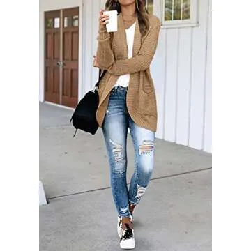 MEROKEETY Womens 2024 Fall Long Sleeve Open Front Cardigans Chunky Knit Draped Sweaters Outwear Khaki