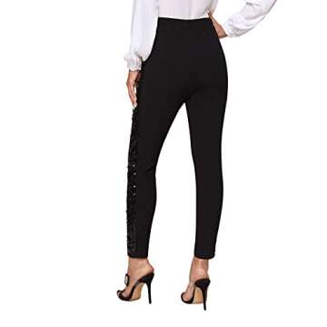 SweatyRocks Women's Elegant High Elastic Waist Sequins Pants Solid Skinny Cropped Pants Black S