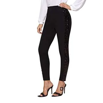 SweatyRocks Women's Elegant High Elastic Waist Sequins Pants Solid Skinny Cropped Pants Black S