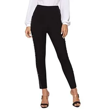 SweatyRocks Women's Elegant High Elastic Waist Sequins Pants Solid Skinny Cropped Pants Black S