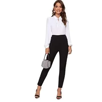 SweatyRocks Women's Elegant High Elastic Waist Sequins Pants Solid Skinny Cropped Pants Black S