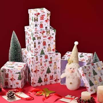 PAPER FAIR 5PCS Christmas Nesting Gift Boxes with Lid, Xmas Nested Box Set, 5 Sizes, Square Stackabl...