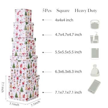PAPER FAIR 5PCS Christmas Nesting Gift Boxes with Lid, Xmas Nested Box Set, 5 Sizes, Square Stackable, White Ballerina Nutcracker Paper Box Tower Décor, for Holiday Thanksgiving New Year Packaging
