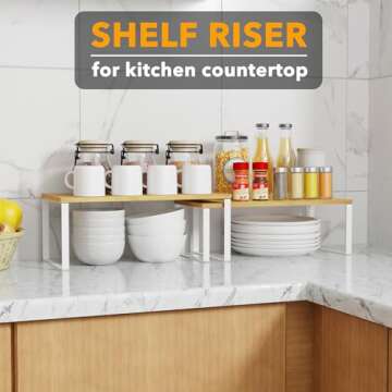 SpaceAid Cabinet Shelf Organizers 2 Pack, Kitchen Counter Rack Shelves Riser, Stackable Expandable Spice Rack, Pantry Cupboard Storage Organization (White and Natural, Long)