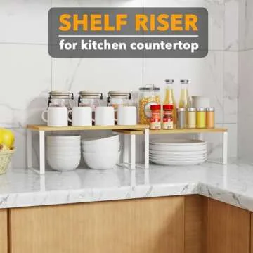 SpaceAid Cabinet Shelf Organizers 2 Pack, Kitchen Counter Rack Shelves Riser, Stackable Expandable Spice Rack, Pantry Cupboard Storage Organization (White and Natural, Long)
