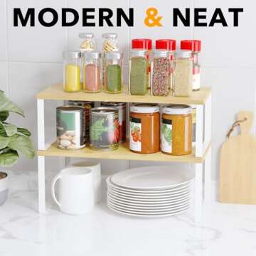 SpaceAid Cabinet Shelf Organizers 2 Pack, Kitchen Counter Rack Shelves Riser, Stackable Expandable Spice Rack, Pantry Cupboard Storage Organization (White and Natural, Long)