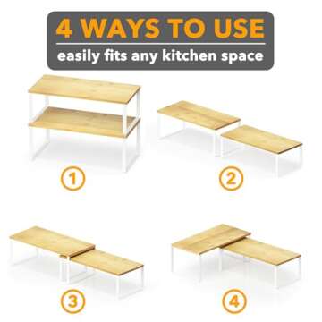 SpaceAid Cabinet Shelf Organizers 2 Pack, Kitchen Counter Rack Shelves Riser, Stackable Expandable Spice Rack, Pantry Cupboard Storage Organization (White and Natural, Long)