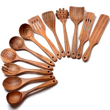 12-Piece Natural Teak Wooden Spoon Set for Cooking & Kitchen