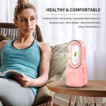 Misby Rechargeable Desk Fan, 5-color LED Light Bladeless Table Fan of 11.8 Inch, Pink Desk Fans Smal...