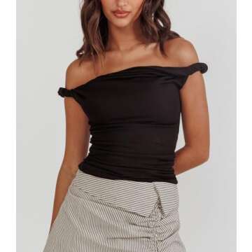 KMBANGI Women Off Shoulder Top Sleeveless Twist Strap Tank Tops Slim Fit Stretch Ruched Crop Top Going Out Y2k Bustier(Black,S)