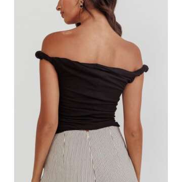 KMBANGI Women Off Shoulder Top Sleeveless Twist Strap Tank Tops Slim Fit Stretch Ruched Crop Top Going Out Y2k Bustier(Black,S)