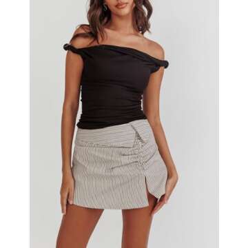 KMBANGI Women Off Shoulder Top Sleeveless Twist Strap Tank Tops Slim Fit Stretch Ruched Crop Top Going Out Y2k Bustier(Black,S)