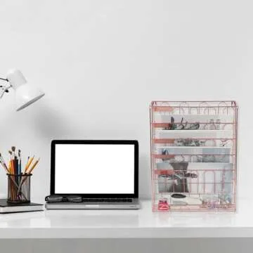 superbpag Desk Organizer, 5 Tier Hanging File Organizer, Wall Mount Document Letter Tray Storage Rack for Office Home Dormitory, Rose Gold