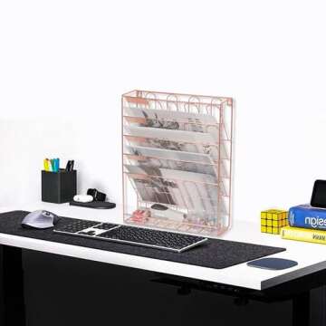 superbpag Desk Organizer, 5 Tier Hanging File Organizer, Wall Mount Document Letter Tray Storage Rack for Office Home Dormitory, Rose Gold