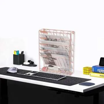 superbpag Desk Organizer, 5 Tier Hanging File Organizer, Wall Mount Document Letter Tray Storage Rack for Office Home Dormitory, Rose Gold