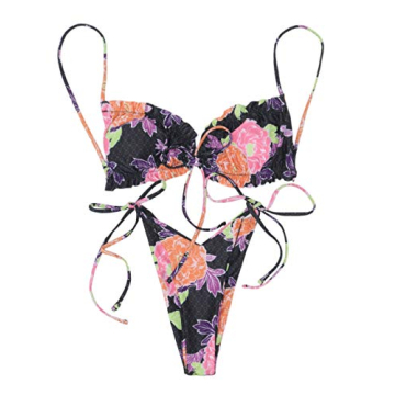 IBIZA VIBE SAVIPOP Women’s Ruffle Triangle Bikini Frill Printed String Tie Side Two Piece Set Swimsuit (Flower, L)