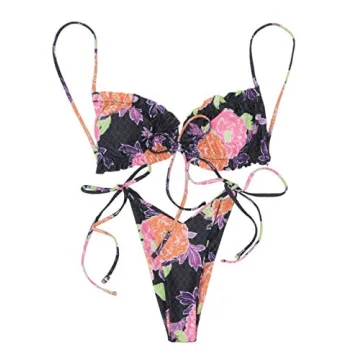 IBIZA VIBE SAVIPOP Women’s Ruffle Triangle Bikini Frill Printed String Tie Side Two Piece Set Swimsuit (Flower, L)