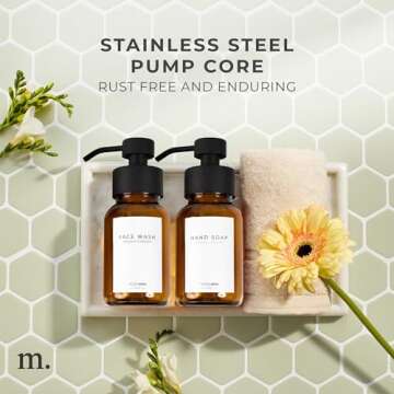 MaisoNovo Foaming Soap Dispenser with Concrete Tray | Amber Foaming Bottle 8oz | Foaming Hand Soap Dispenser and Waterproof Labels for Bathroom