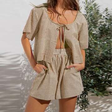 Amiblvowa Y2k Pajamas Set Women 2 Piece Short Sleeve Ruffle Plaid Gingham Tie Front Blouse Top Pj Lounge Sleep Shorts Outfits (Khaki-1, S), Small