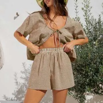 Amiblvowa Y2k Pajamas Set Women 2 Piece Short Sleeve Ruffle Plaid Gingham Tie Front Blouse Top Pj Lounge Sleep Shorts Outfits (Khaki-1, S), Small