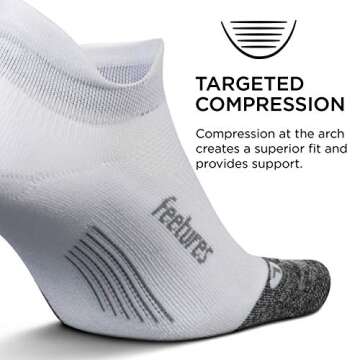 Feetures Elite Light Cushion No Show Tab Ankle Socks - Sport Sock with Targeted Compression - White, L (1 Pair)