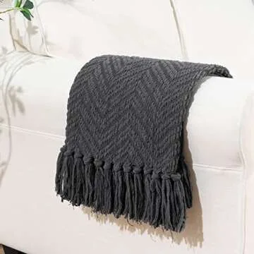 BATTILO Home Dark Grey Throw Blanket for Couch, Knit Charcoal Throw Blanket Versatile for Chair, 50 x 60 Inch - Super Soft Warm Grey Blanket with Tassels for Bed, Sofa and Living Room