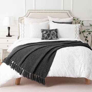 BATTILO Home Dark Grey Throw Blanket for Couch, Knit Charcoal Throw Blanket Versatile for Chair, 50 x 60 Inch - Super Soft Warm Grey Blanket with Tassels for Bed, Sofa and Living Room