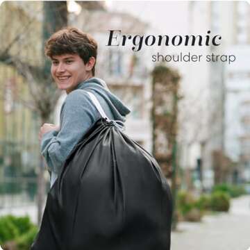 Handy Laundry Shoulder Strap Bag - Drawstring Locking Closure, Durable Nylon Material, Large Capacity, Heavy Duty Stitching, Perfect for Laundromat or College Dorm (Black | 30" x 40")