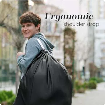 Handy Laundry Shoulder Strap Bag - Drawstring Locking Closure, Durable Nylon Material, Large Capacity, Heavy Duty Stitching, Perfect for Laundromat or College Dorm (Black | 30" x 40")